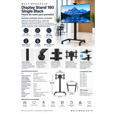 Multibrackets Stand-180 Negro con Ruedas Soporte de Suelo 24″-65″ Regulable en Altura hasta 180 cm