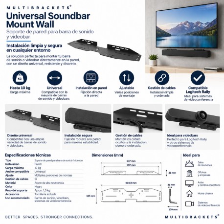 Multibrackets Universal Sound & Videobar Mount Wall Negro – Soporte de Pared hasta 10 kg