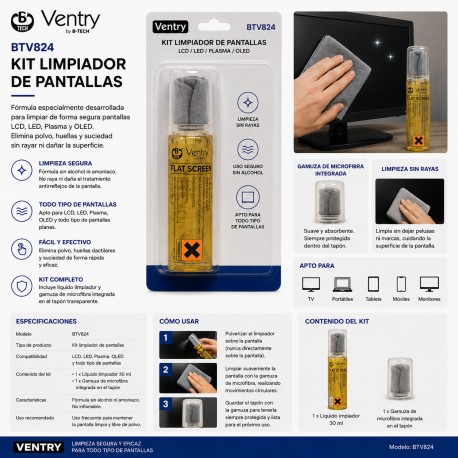 Ventry BTV824 – Kit limpiador de pantallas LCD, LED, Plasma y OLED con gamuza de microfibra