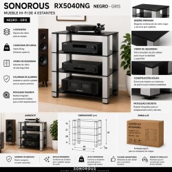 Sonorous RX-5040-NG – Mueble HiFi de 4 Estantes de Vidrio Templado Negro con Ruedas