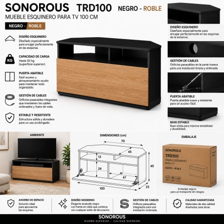 Mueble TV esquinero ref. TRD-100 Noak (100 cms de ancho). Negro / Roblelanco. 