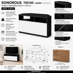 Sonorous TRD-100 BKW | Mueble TV Esquinero Negro con Puerta Blanca 100 cm