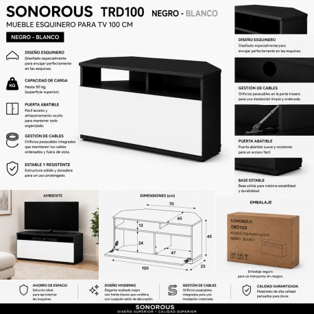 Sonorous - Mueble TV esquinero. 100 cms de ancho. ref. TRD-100 NB c/ Negro/Blanco.