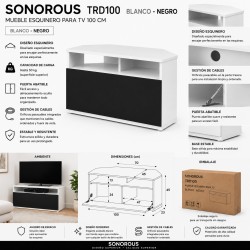 Sonorous - Mueble TV esquinero. 100 cms de ancho. ref. TRD-100 BN c/Blanco/Negro.