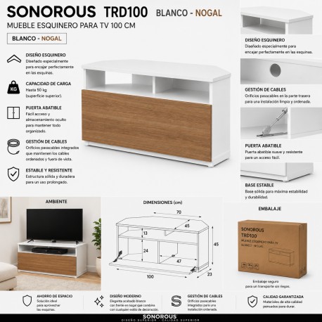 Mueble TV esquinero ref. TRD-100 Boak (100 cms de ancho). Blanco/Roble 