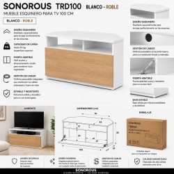 Sonorous - Mueble TV esquinero. 100 cms de ancho. ref. TRD-100 Boak c/Blanco/Roble.