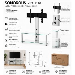 Sonorous - NEO-110-TG – Mueble TV con Soporte Integrado 110 cm con Ruedas, Cristal Templado Transparente y Chasis Aluminio Gris
