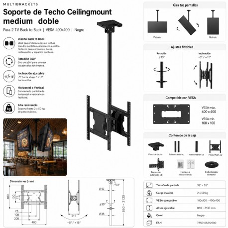 Multibrackets - Soporte TV de techo para 2 TV. VESA 40x40.Ref. Ceilingmount Medium doble c/negro