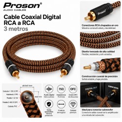 Proson Cable Coaxial Digital RCA a RCA 3 m – Cable para Subwoofer y Audio Digital OFC 75 Ohm