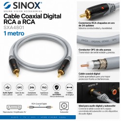 Sinox SXA4801 Cable Coaxial Digital RCA a RCA 1 m OFC para Audio y Subwoofer