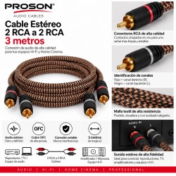 Proson PROA-30 Cable Estéreo 2 RCA a 2 RCA 3 m con Malla Textil