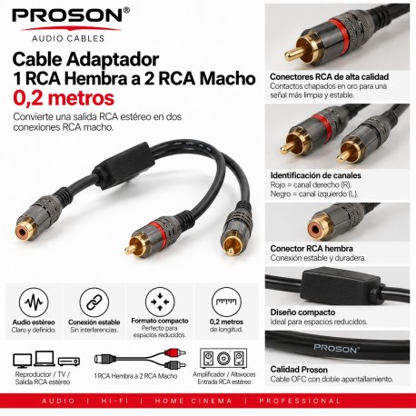 Proson PRO12 Cable Adaptador 1 RCA Hembra a 2 RCA Macho 0,2 m OFC