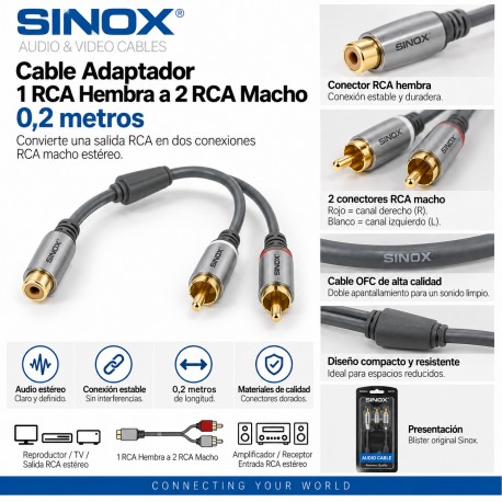 SHD4600 - Cable 1 RCA hembra a 2 RCA macho stereo 0,2 mts