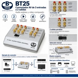 B-Tech BT25 Selector AV 3 Entradas y 2 Salidas RCA Estéreo + Vídeo Compuesto