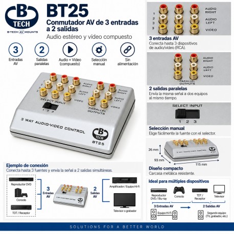 B-Tech BT25 Selector AV 3 Entradas y 2 Salidas RCA Estéreo + Vídeo Compuesto