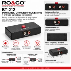RO&CO BT-212 Distribuidor RCA Estéreo Reversible 1 Entrada a 2 Salidas