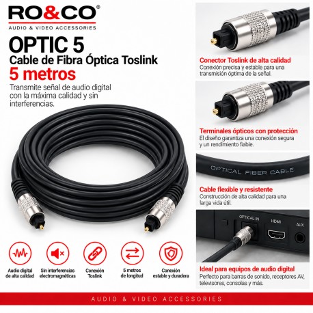 RO&CO OPTIC-5 Cable de Fibra Óptica Toslink 5 Metros Negro