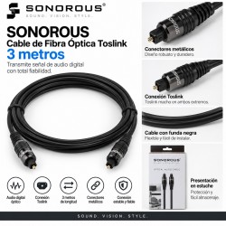 Sonorous SON-OPTIC-3 Cable de Fibra Óptica Toslink 3 Metros Negro