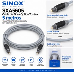Sinox SXA5605 Cable de Fibra Óptica Toslink 5 Metros Gris 4 mm