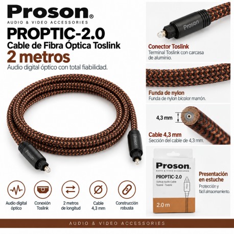 Proson PROPTIC-2.0 Cable de Fibra Óptica Toslink 2 Metros con Funda de Nylon