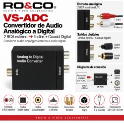 RO&CO VS-ADC Convertidor Audio Analógico 2 RCA a Digital Toslink y Coaxial