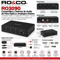 RO&CO RO3090 Selector y Convertidor 3 Toslink a RCA Estéreo, Jack 3,5 mm y Toslink