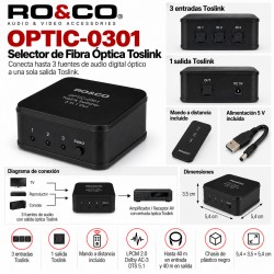 RO&CO OPTIC-0301 Selector de Fibra Óptica Toslink 3 Entradas 1 Salida con Mando