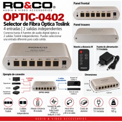 RO&CO OPTIC-0402 Selector Toslink 4 Entradas y 2 Salidas Ópticas Independientes con Mando