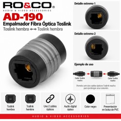 RO&CO AD-190 Empalmador Fibra Óptica Toslink Hembra a Hembra Negro