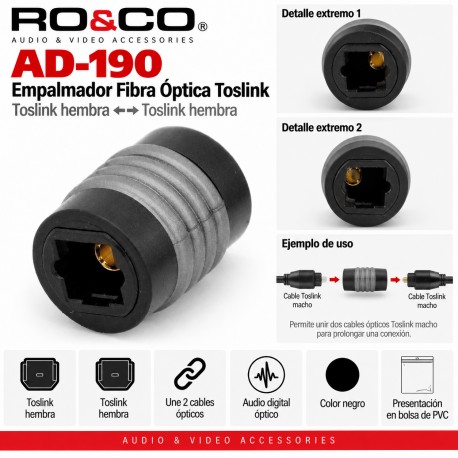 RO&CO AD-190 Empalmador Fibra Óptica Toslink Hembra a Hembra Negro