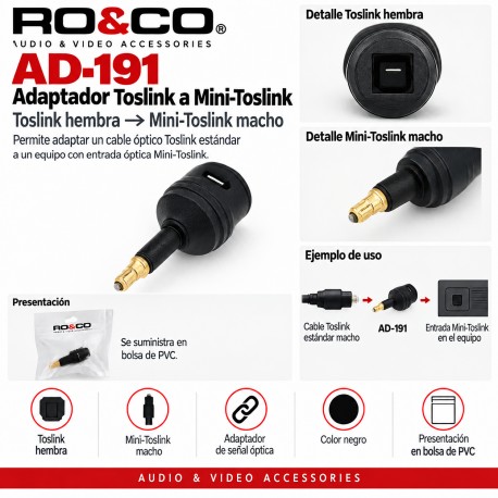 RO&CO AD-191 Adaptador Toslink Hembra a Mini-Toslink Macho Negro