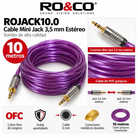 RO&CO ROJACK10.0 Cable Mini Jack 3,5 mm Estéreo Macho a Macho 10 Metros Púrpura