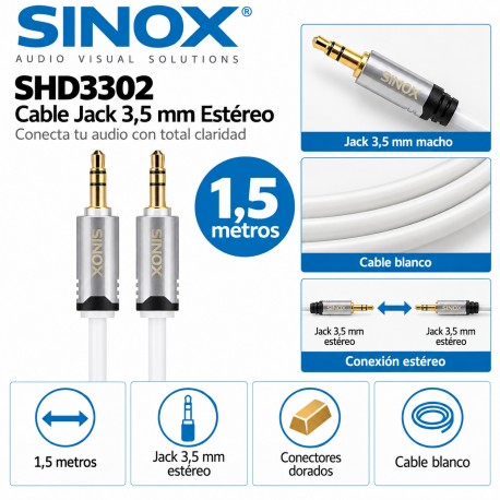 Sinox SHD3302 Cable Jack 3,5 mm Estéreo Macho a Macho 1,5 Metros Blanco