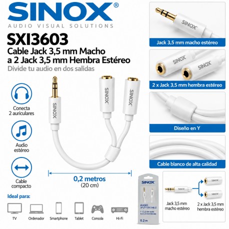 Sinox SXI3603 Cable Jack 3,5 mm Macho a 2 Jack 3,5 mm Hembra Estéreo 0,2 Metros Blanco