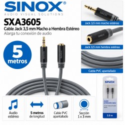 Sinox SXA3605 Cable Alargador Jack 3,5 mm Macho a Hembra Estéreo 5 Metros