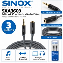 Sinox SXA3603 Cable Alargador Jack 3,5 mm Macho a Hembra Estéreo 3 Metros