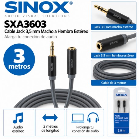 Sinox SXA3603 Cable Alargador Jack 3,5 mm Macho a Hembra Estéreo 3 Metros