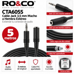 RO&CO CTA6055 Cable Alargador Jack 3,5 mm Macho a Hembra Estéreo 5 Metros Negro
