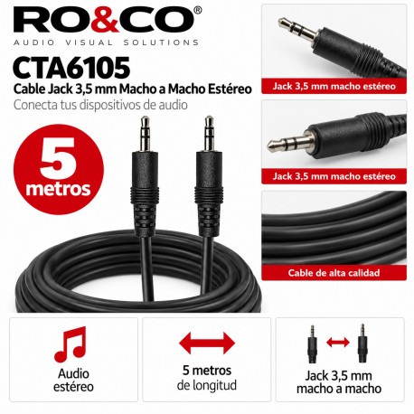 RO&CO CTA6105 Cable Jack 3,5 mm Macho a Macho Estéreo 5 Metros Negro