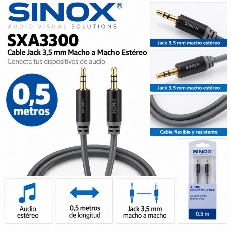 Sinox SXA3300 Cable Jack 3,5 mm Macho a Macho Estéreo 0,5 Metros