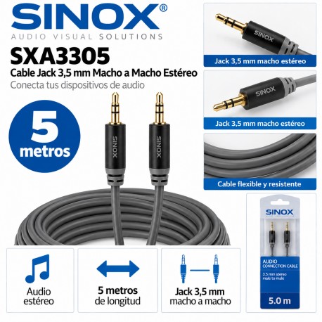 Sinox SXA3305 Cable Jack 3,5 mm Macho a Macho Estéreo 5 Metros