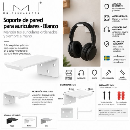  Soporte de pared para auriculares. Color blanco.