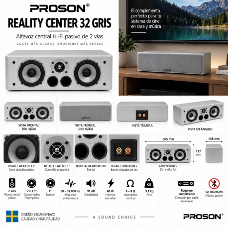 Proson Reality Center 32 Gris – Altavoz Central HiFi de 2 Vías con Rejilla Gris