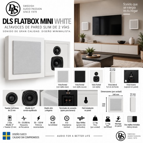 DLS Flatbox Mini White – Pareja de altavoces de pared HiFi de 2 vías, diseño Slim de 9,2 cm