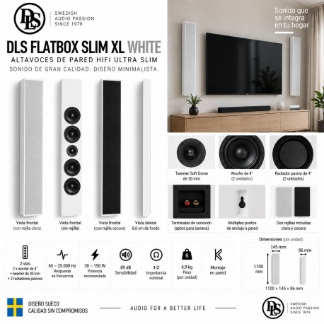 DLS Flatbox Slim XL White – Pareja de altavoces de pared HiFi Ultra Slim de 2 vías con radiadores pasivos
