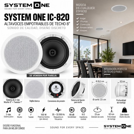 System One IC-820 – Pareja de altavoces empotrables de techo 8" 100 W 8 Ohm blancos