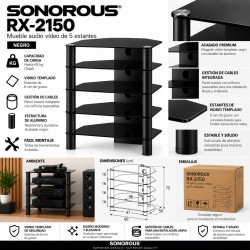 Sonorous RX-2150-NN – Mueble HiFi 5 Estantes en Vidrio Templado Negro y Aluminio Negro