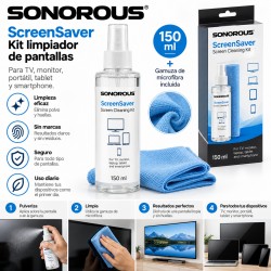 Sonorous ScreenSaver – Kit Limpiador de Pantallas 150 ml con Gamuza de Microfibra para TV, Monitor, Tablet y Smartphone