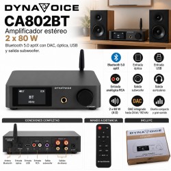 Dynavoice CA802BT – Amplificador Estéreo 2×80 W con Bluetooth 5.0 aptX, DAC, Óptica, USB y Subwoofer
