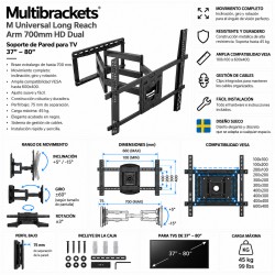 Multibrackets Long Reach Dual 70 – Soporte TV Articulado con Extensión de 70 cm hasta 110"
